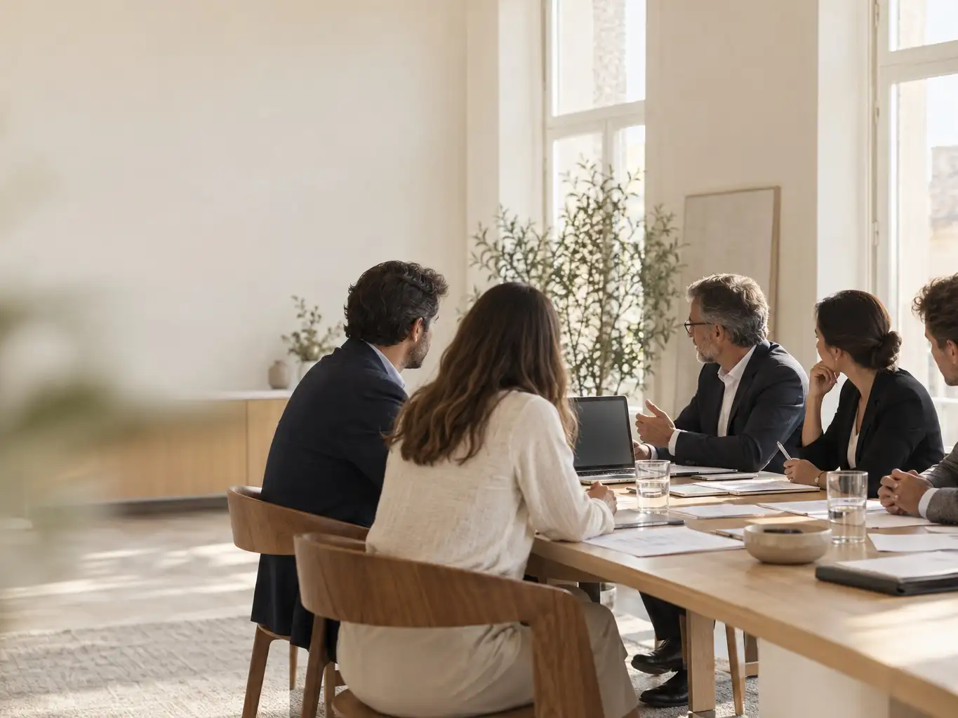 A generated advisory meeting scene with five people around a light-oak table in a softly lit office
