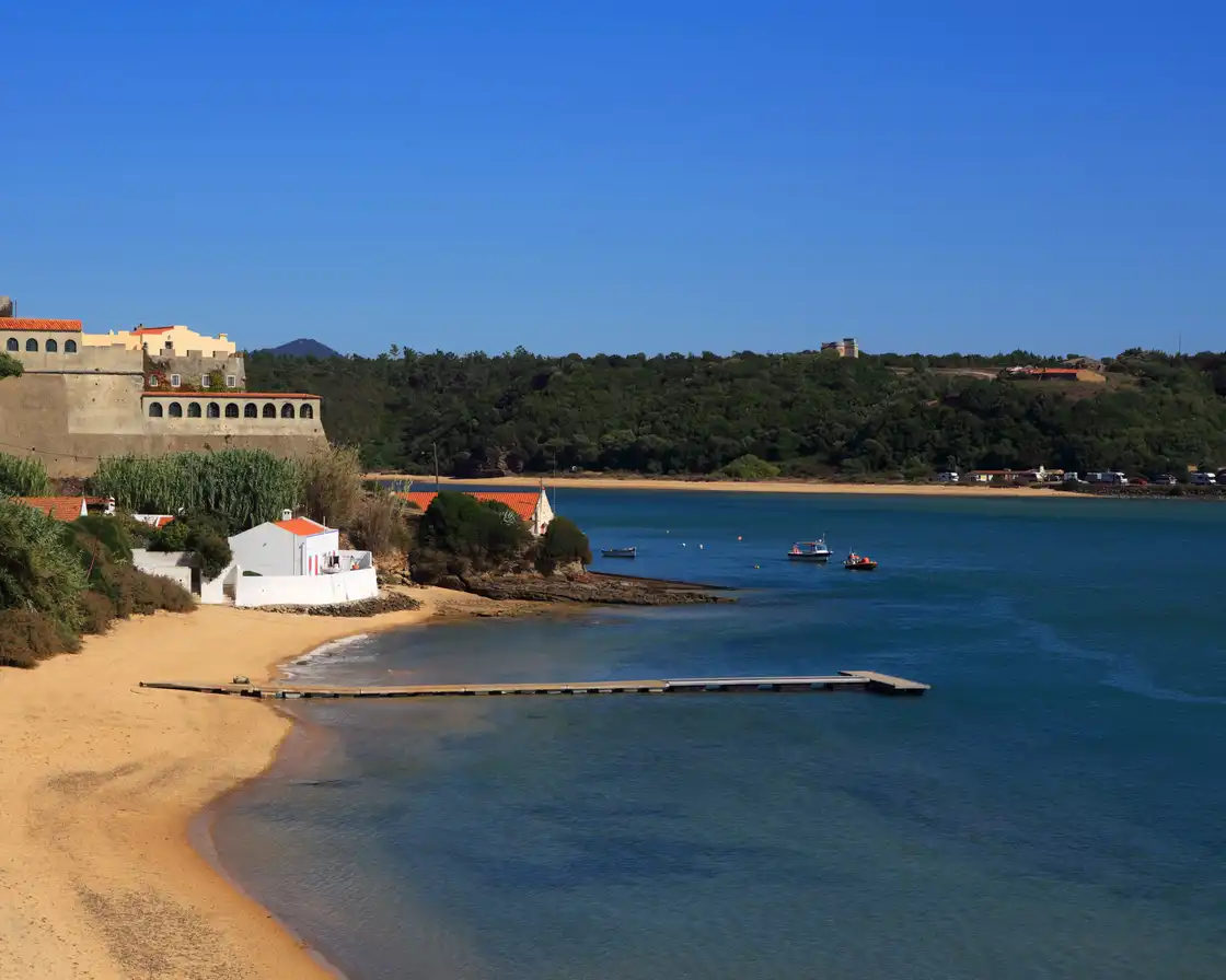 The Mira estuary at Vila Nova de Milfontes with the fort on the left bank